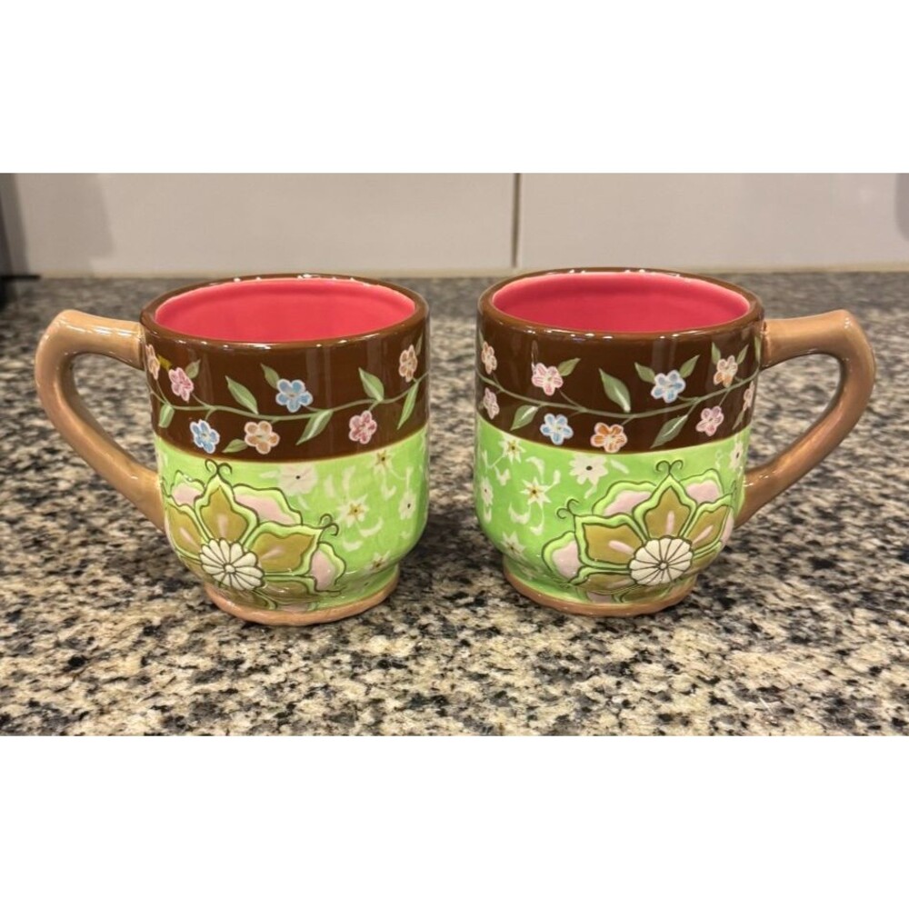 Tracy Porter Arianna Hand Painted Floral Coffee Mugs Set of 2